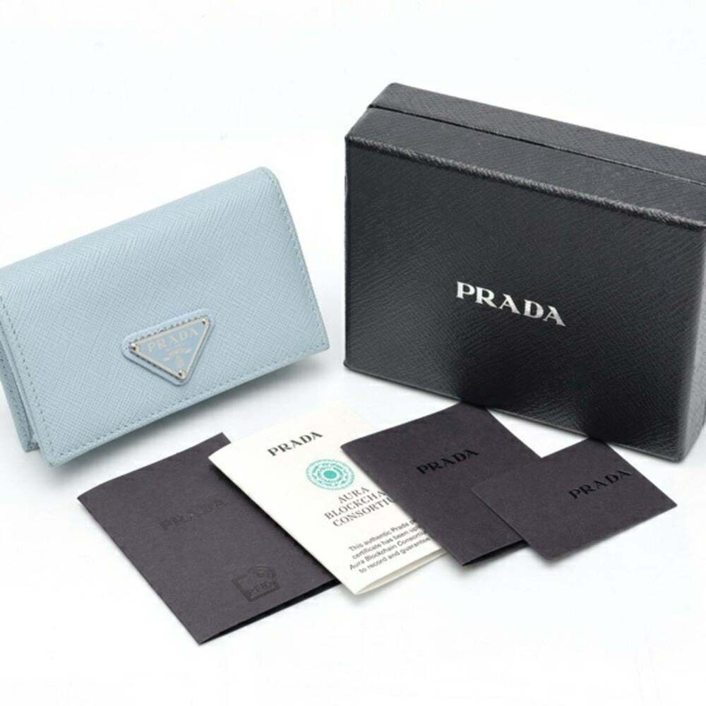 PRADA Saffiano Triangle Card Case/Business Holder 1MC122 Leather Light Blue T... - Picture 8 of 8